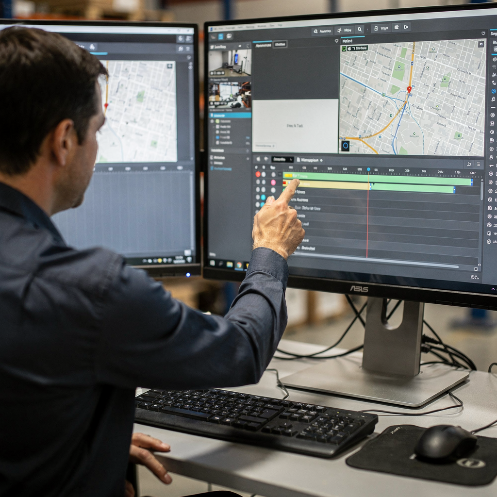 A control room workstation showing a video management interface with a timeline, map, and list of alarms, with an operator pointing at the screen, no text or numbers in image