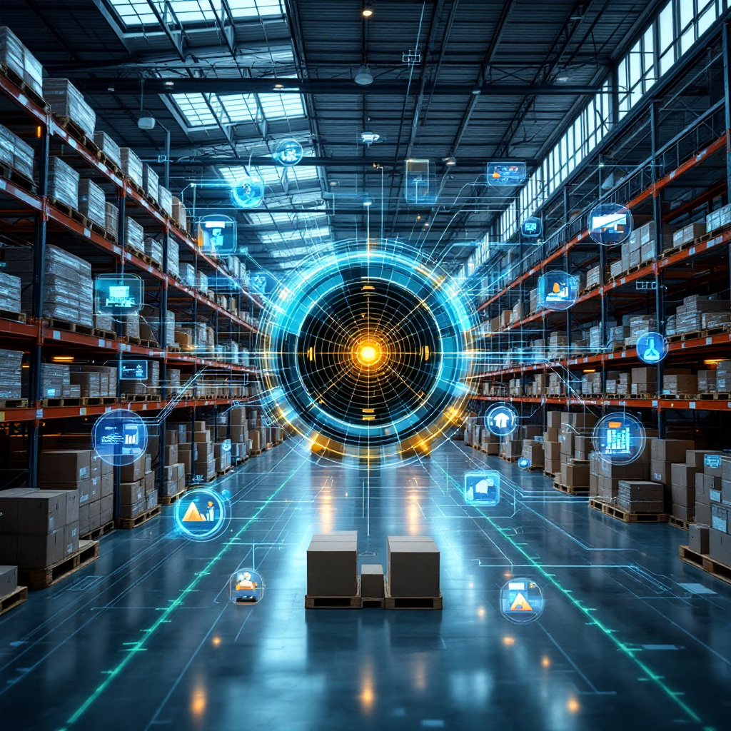Schematic illustration of cross-domain data flow: satellite imagery, CCTV video, radar, and network telemetry converging into a central analytic node with visualized alerts, modern clean design, no text