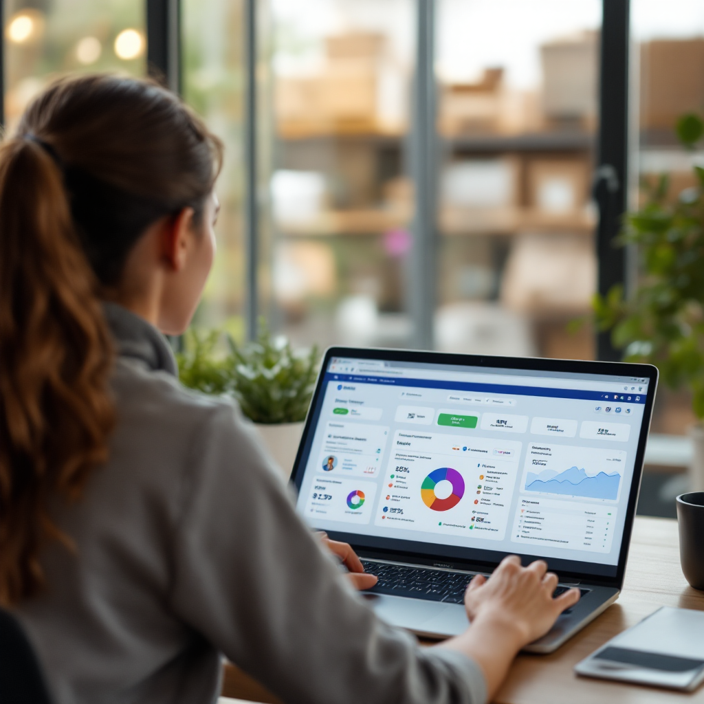 Customer service agent using AI-enhanced CRM dashboard A friendly customer service desk with an agent viewing a CRM dashboard on a laptop; the screen shows structured customer interaction cards, no text
