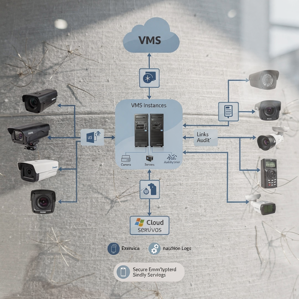 Schemat pokazujący centralny serwer połączony z wieloma typami kamer, instancjami VMS i usługami w chmurze za pomocą bezpiecznych zaszyfrowanych połączeń i rejestrów audytu