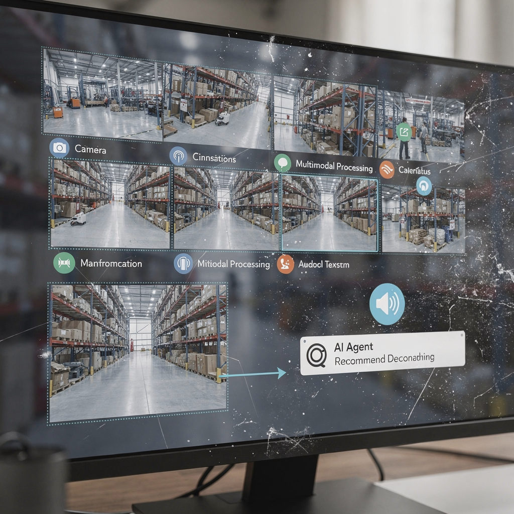 A diagram showing multiple camera feeds, multimodal processing icons for audio and text, and an AI agent recommending an action on a dashboard, modern UI, no text in image