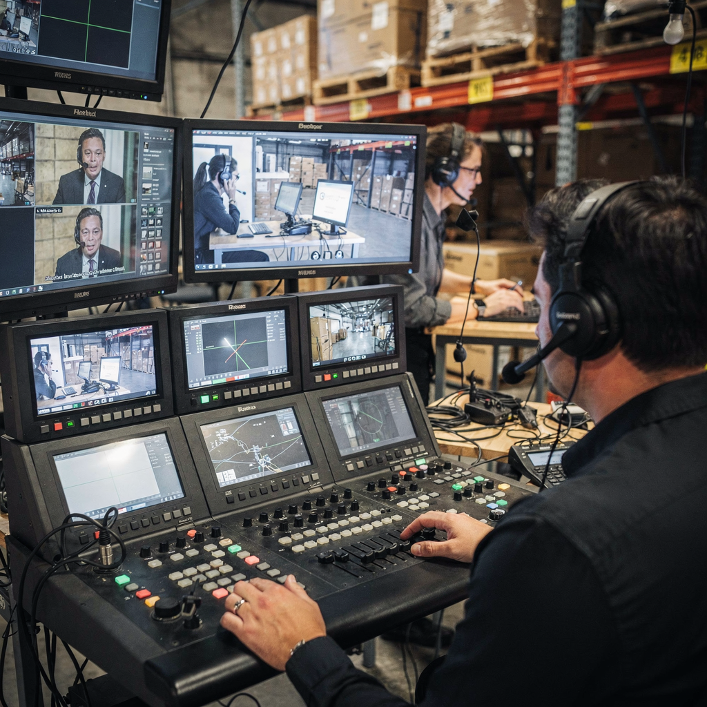 Director's control panel during a live broadcast A live television director’s control panel with tactile buttons and small monitors showing program and preview feeds, a production team coordinating via headsets, no text
