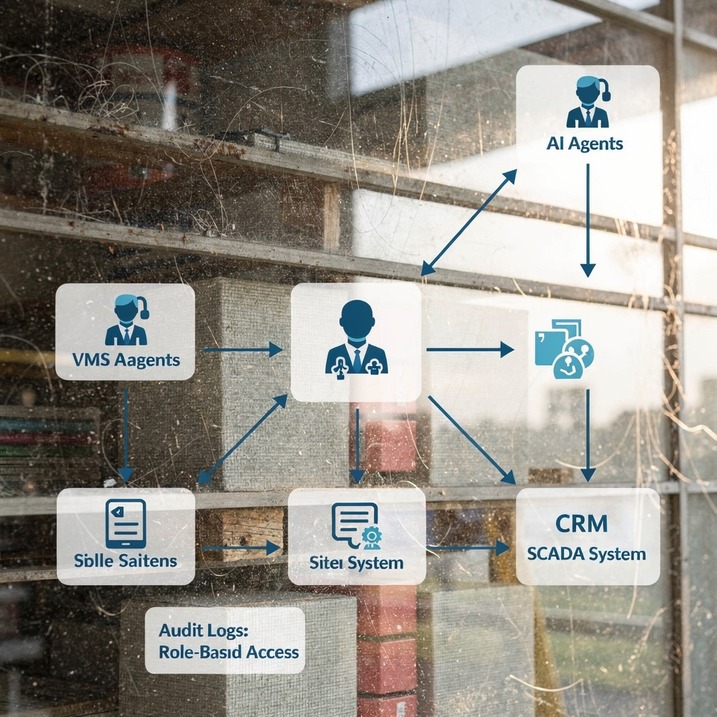A schematic diagram showing multiple AI agents operating across distributed sites, connected to VMS, CRM, and SCADA systems, with audit logs and role-based access illustrated, clean infographic style