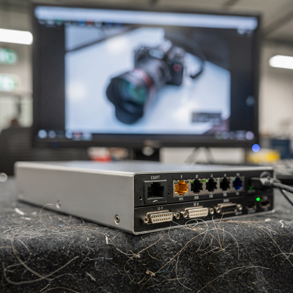 Close-up of an edge AI device processing camera input with a blurred background of a camera feed on a monitor, professional hardware and connectors visible