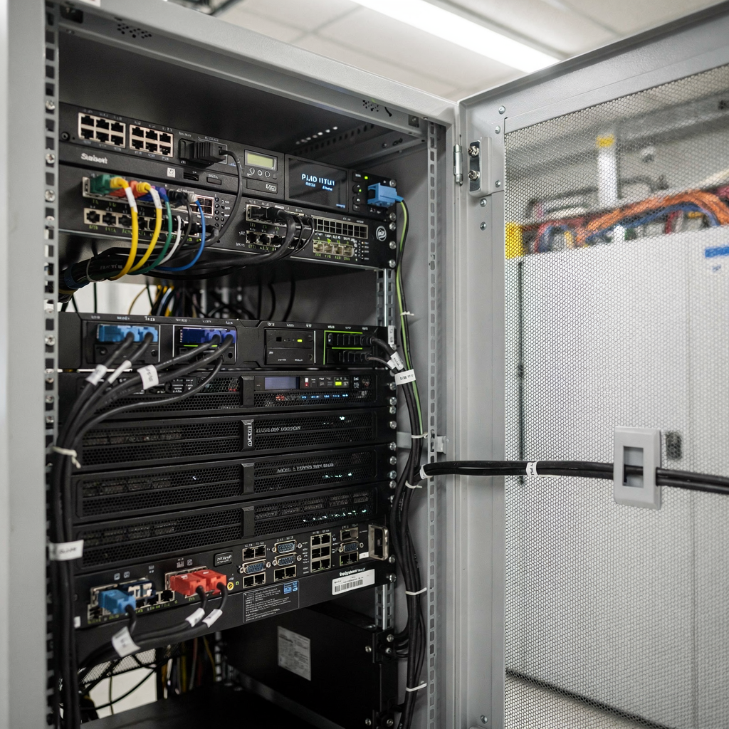 Edge server rack with compact GPUs and labelled cabling, modern data center style, clean and organized