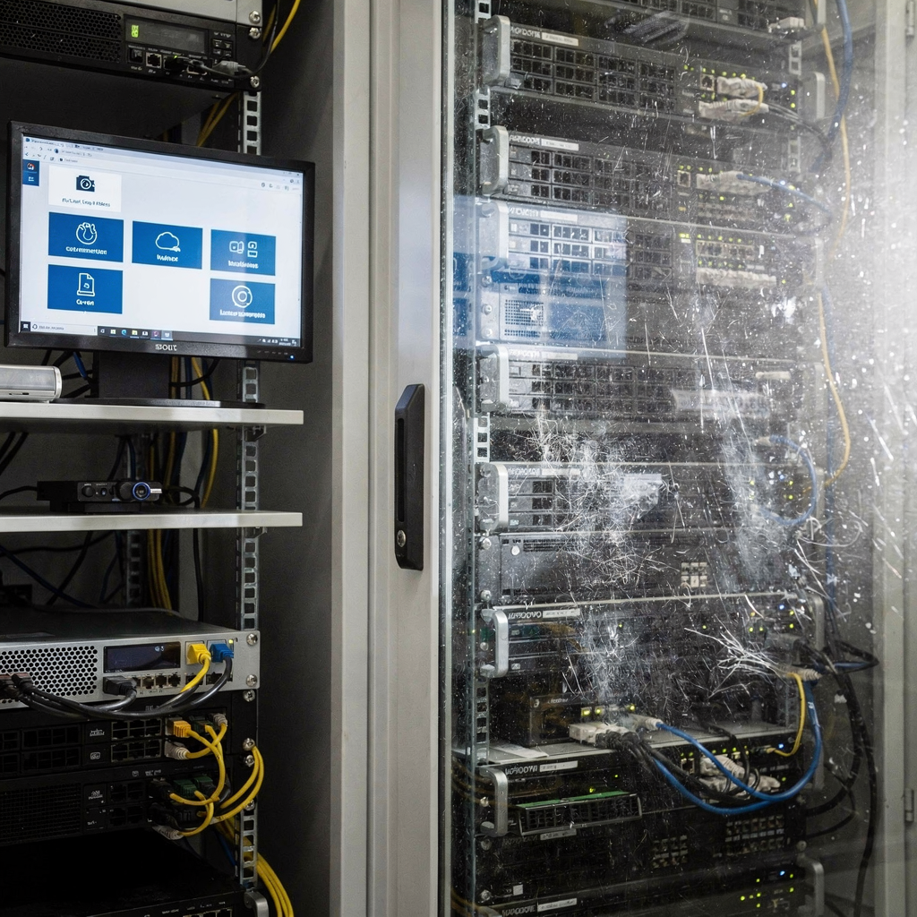 Server room and edge compute devices with camera feeds represented by icons on a nearby monitor, clean technical environment, no text or numbers