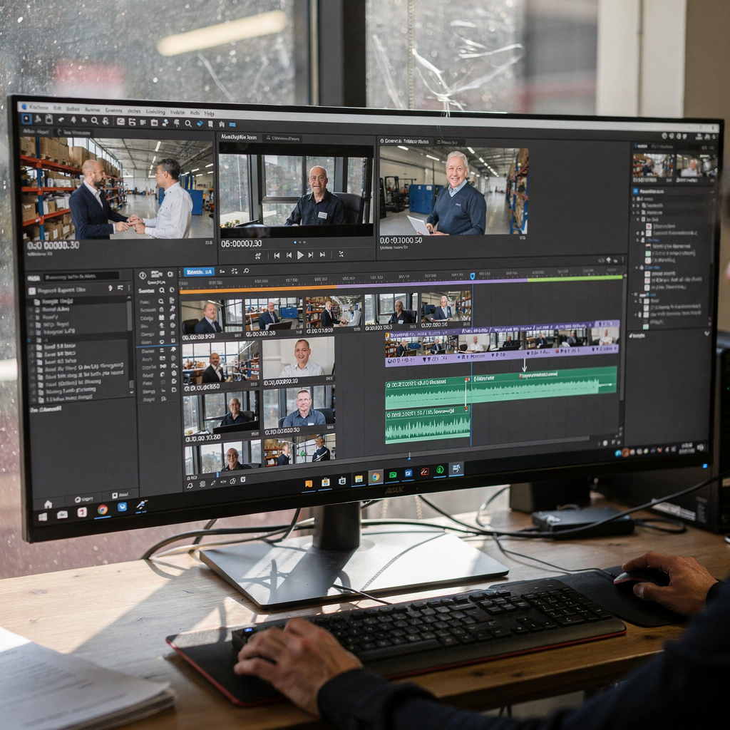 A desktop video editor with highlighted timestamps and short clips ready for export, showing waveform and transcript snippets beside the timeline, bright workspace