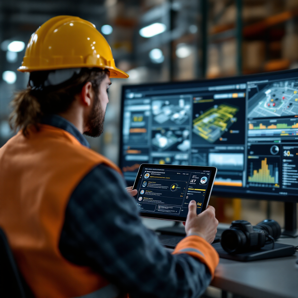 Close-up of an operations engineer viewing a tablet with AI-generated event notifications from CCTV, and a control room screen showing a map of detected objects and system health indicators