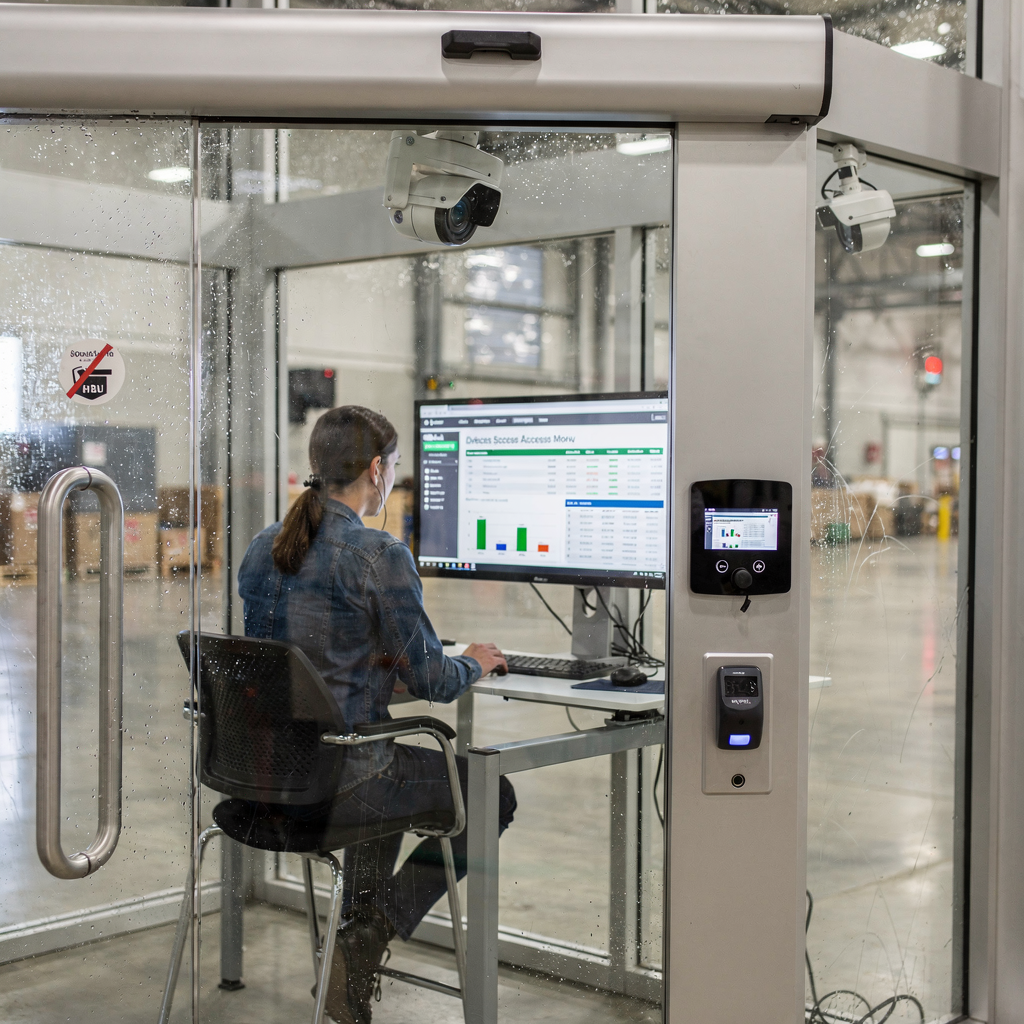 Secure facility entrance showing a security checkpoint with cameras, card reader, and staff monitoring a display showing analytics summaries and access logs