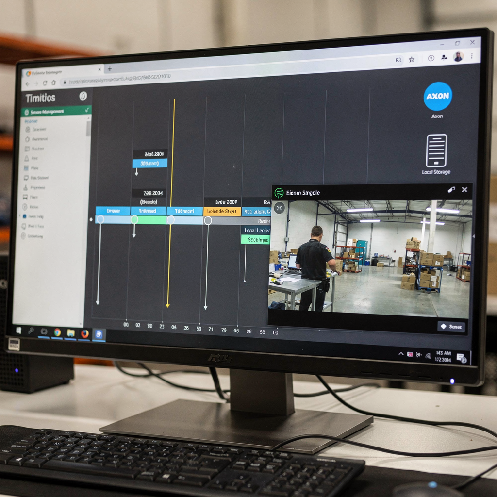 A secure evidence management workstation showing a clear timeline view, a redact tool highlighting parts of a video clip, and icons for Axon and local storage, modern interface, neutral lighting