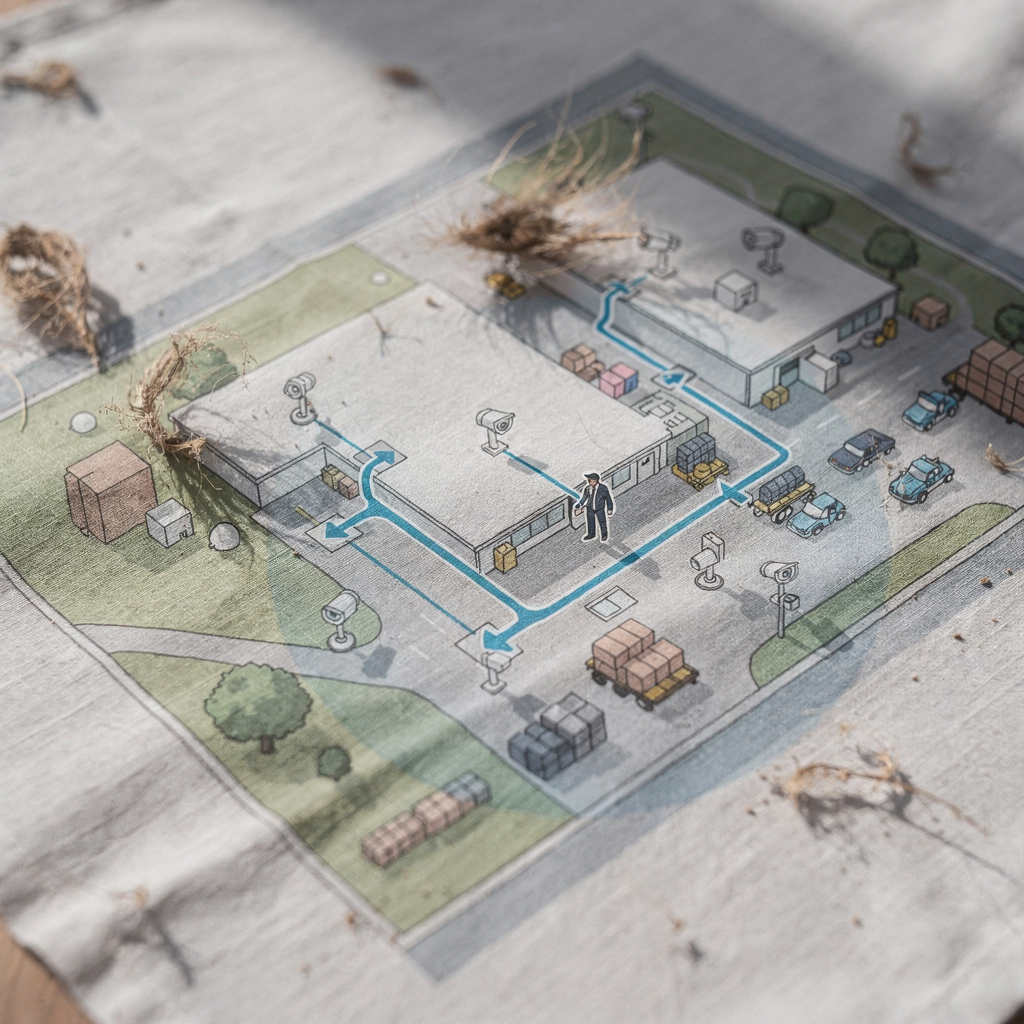 Facility map with camera coverage and tracked route Stylized map of a facility showing linked camera coverage areas and tracked routes for a person, with soft colors and no text