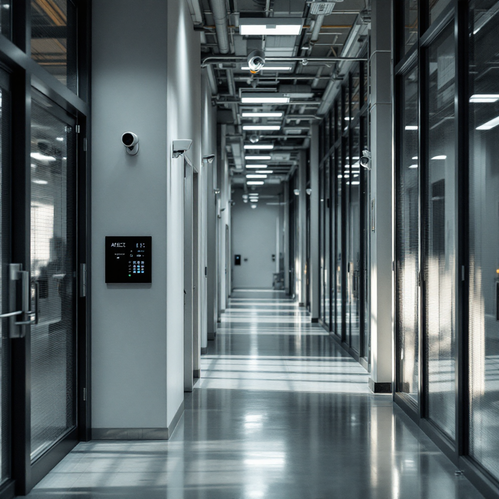 Fabrikflur mit Kameras und Zutrittskontrollfeld Fabrikflur mit Kameras und Zutrittskontrollfeld