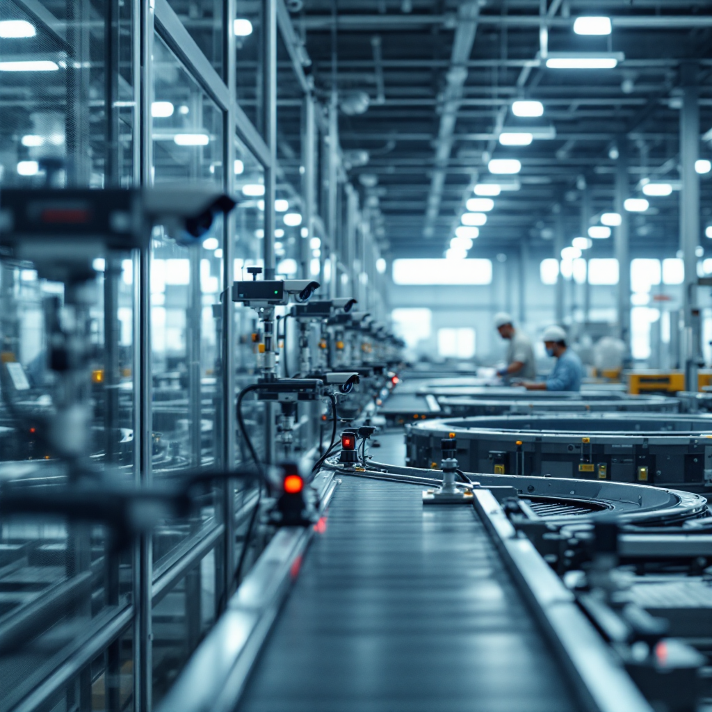 Atelier industriel avec caméras surveillant la machinerie
