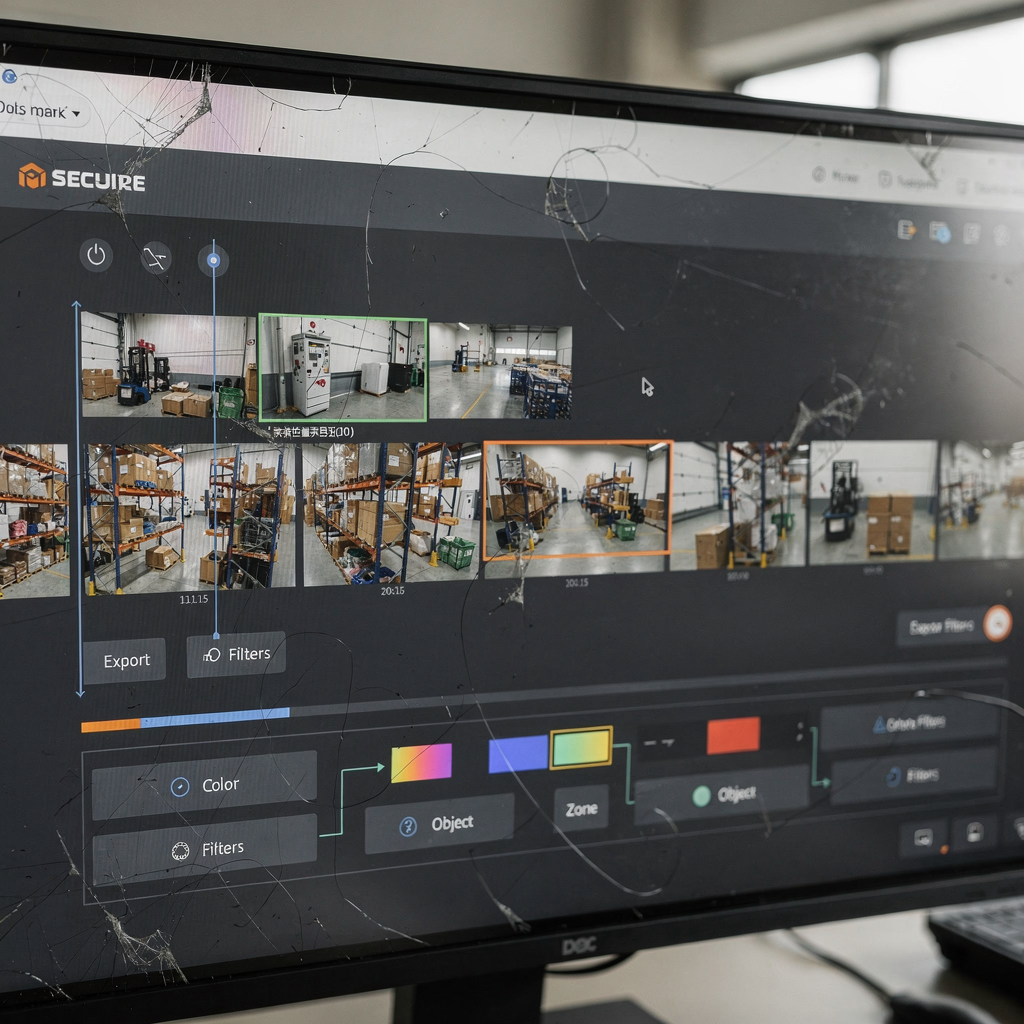 A secure interface showing a timeline with highlighted clips, export options, and a chained set of filters like color, object type, and zone, presented in muted corporate colors
