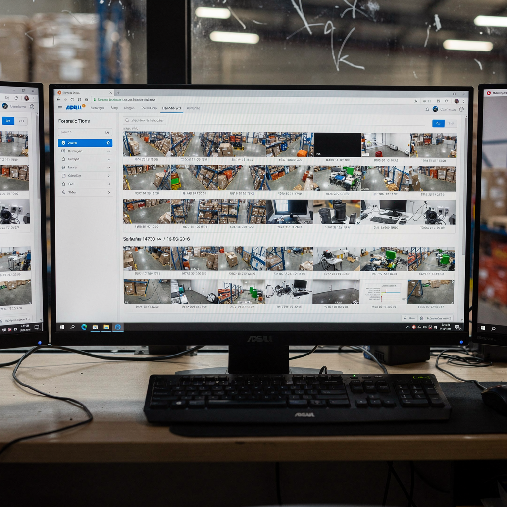 Painel de busca forense com linha do tempo e filtros de metadados