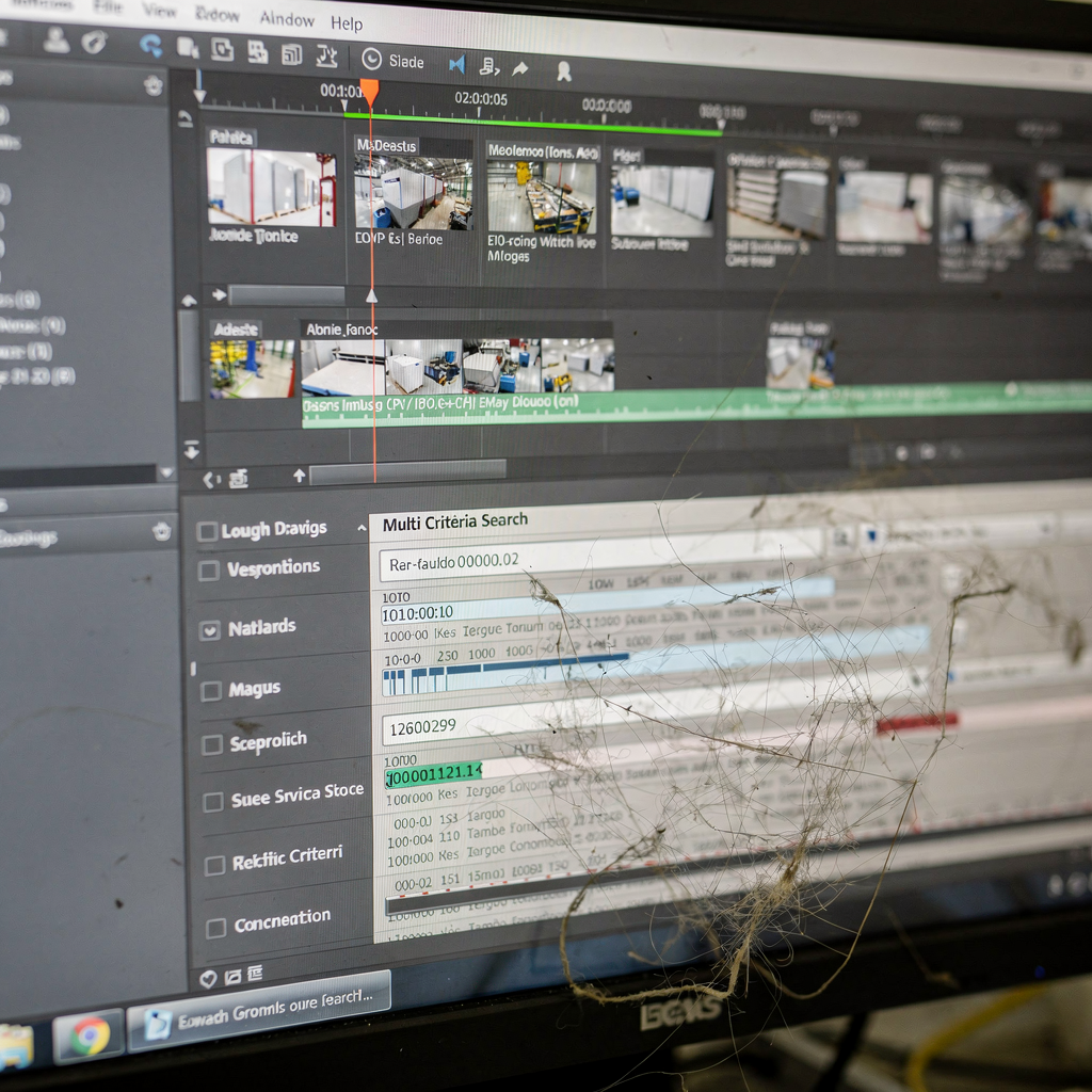Nabijbeeld van een interface met tijdlijn, miniaturen en zoekvelden