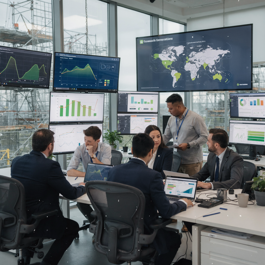 Wide view of a modern electric grid operations centre with screens showing renewable generation profiles, a team collaborating, and an analytics map overlay, no text or numbers
