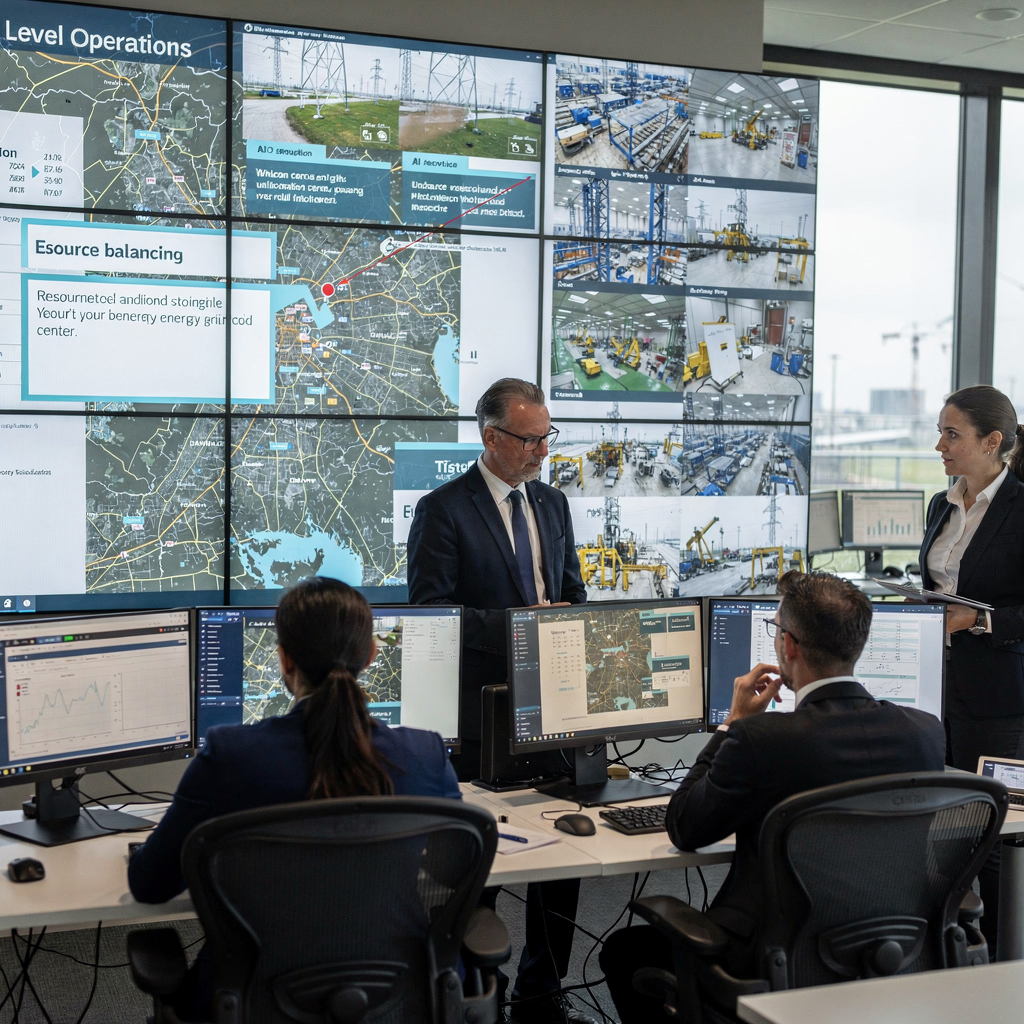 High-level operations centre for an energy grid operator showing map overlays, camera thumbnails, and AI-generated recommendations for resource balancing; calm staff discussing dashboards