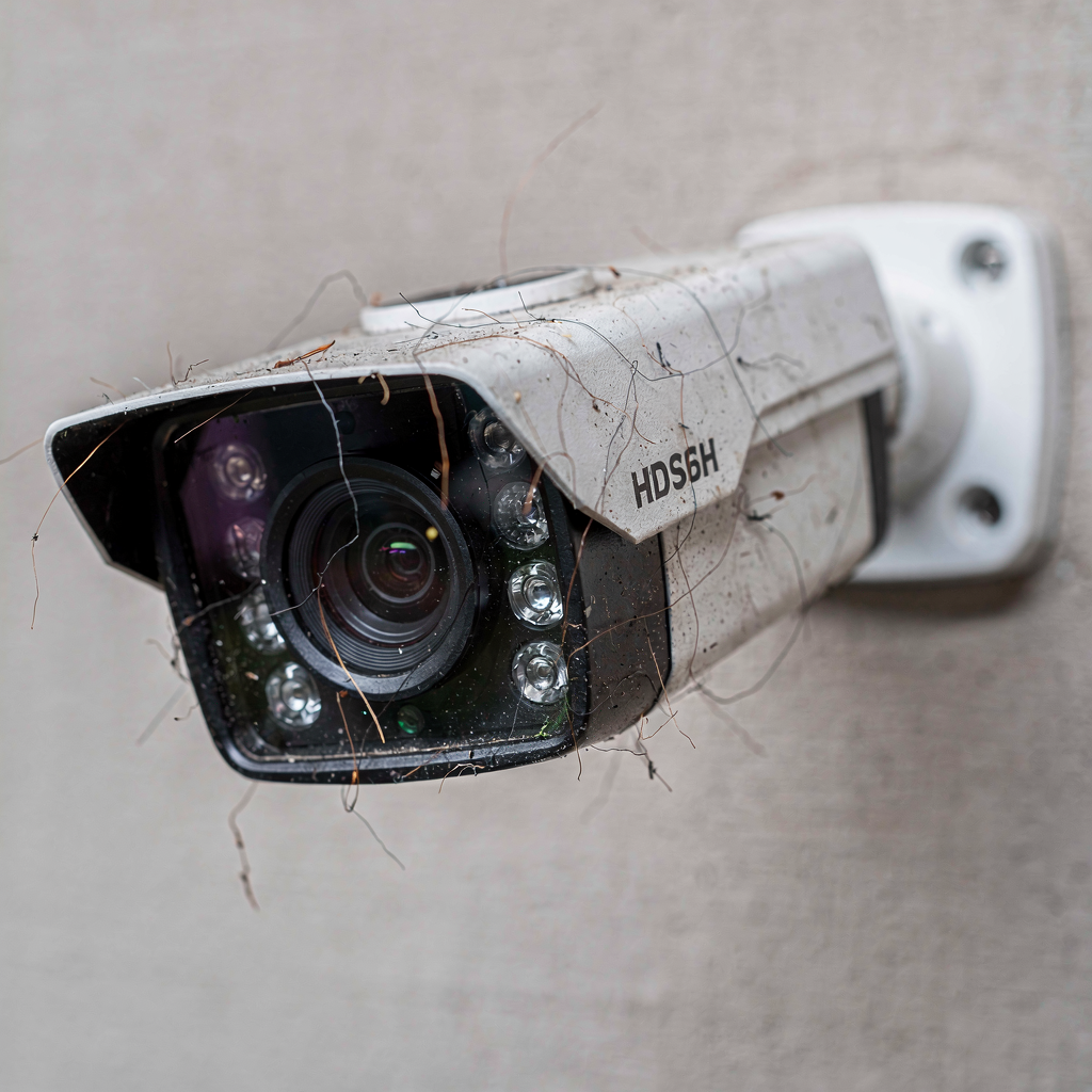 Close-up of a high-resolution security camera with visible lens and edge-compute module, mounted on a neutral background, clean industrial design