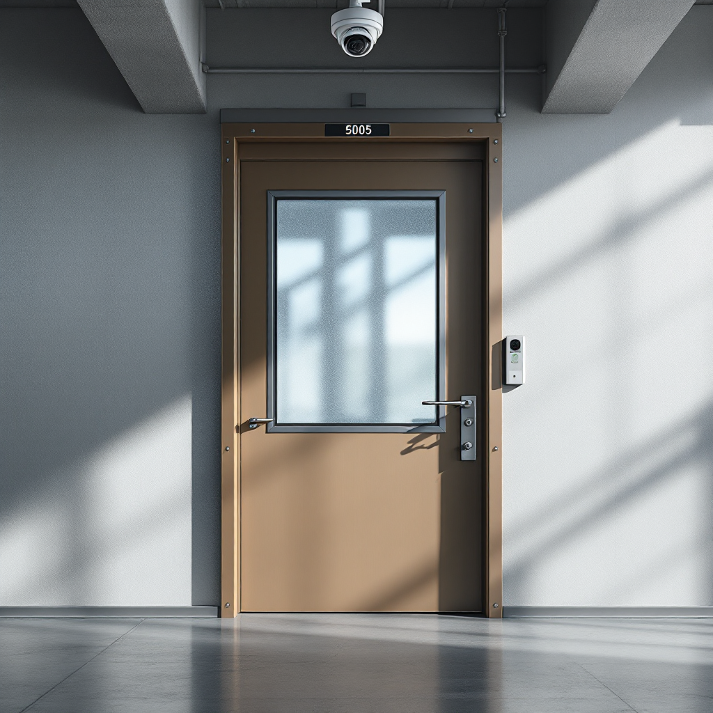 Close-up of industrial door with access control and a nearby CCTV camera mounted on a ceiling, no text or numbers