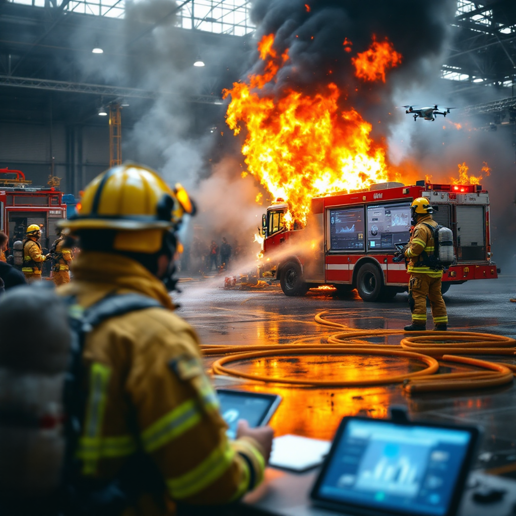 Dimostrazione live di incendio con vigili del fuoco e droni