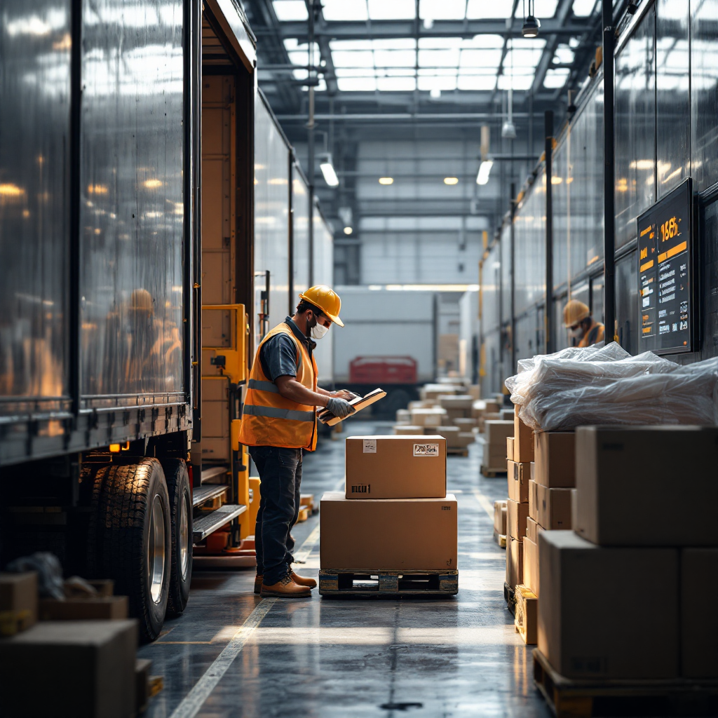 Dok załadunkowy z pracownikami i tablicą wysyłek Dok załadunkowy z pracownikami i tablicą wysyłek