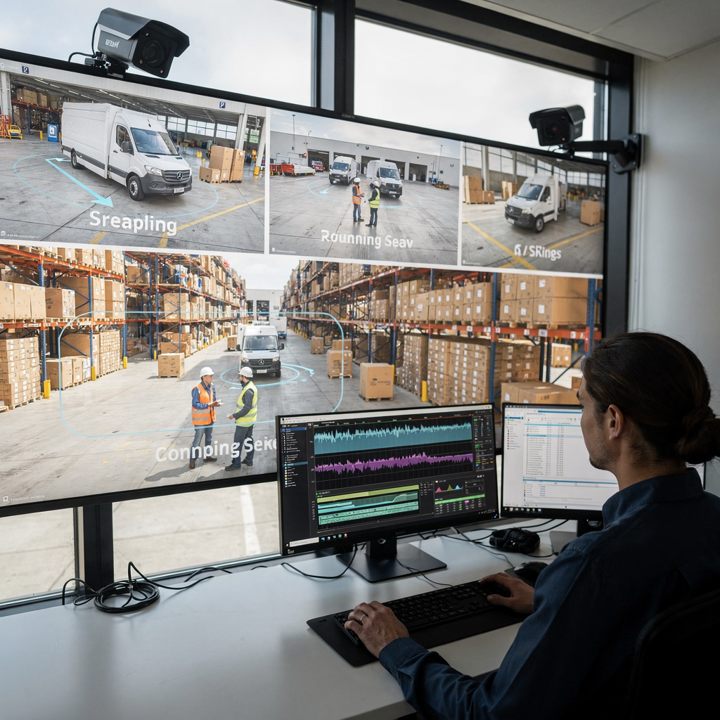 Plac logistyczny z wykrytymi obiektami na ekranach