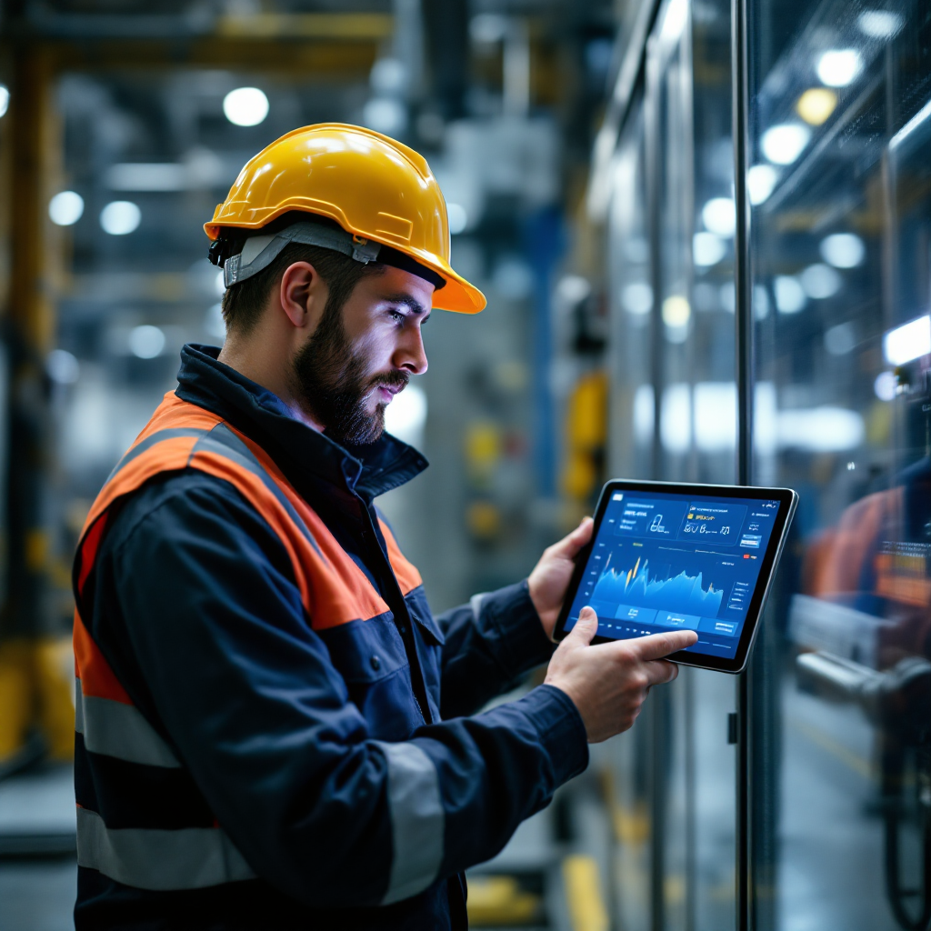Tecnico di manutenzione che visualizza previsioni e raccomandazioni basate sull'IA Tecnico di manutenzione che visualizza previsioni e raccomandazioni basate sull'IA