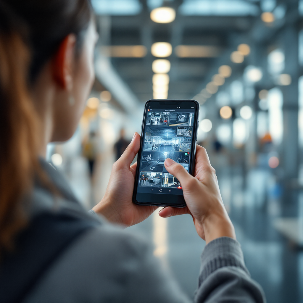 Person using a smartphone to view multiple live security camera feeds while standing in a bright airport terminal, modern device, no text