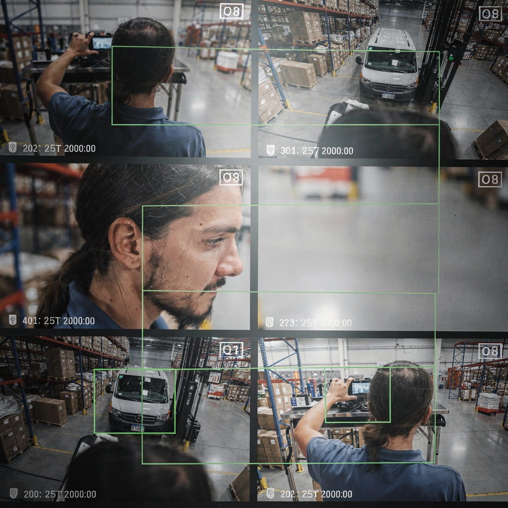 Widok z wielu kamer z obramowaniami obiektów i identyfikatorami śledzeń