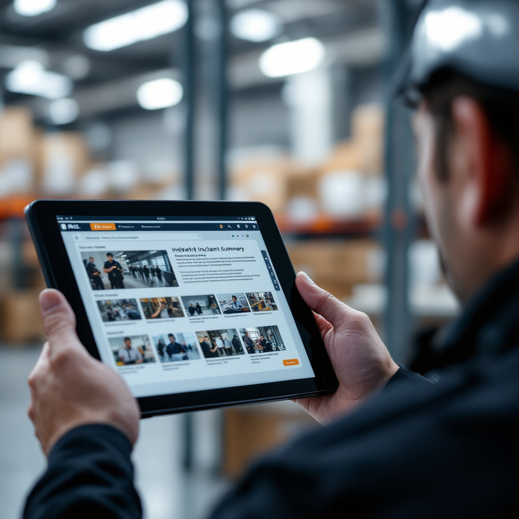 Agent examinant un résumé d’incident généré par l’IA avec des vignettes vidéo