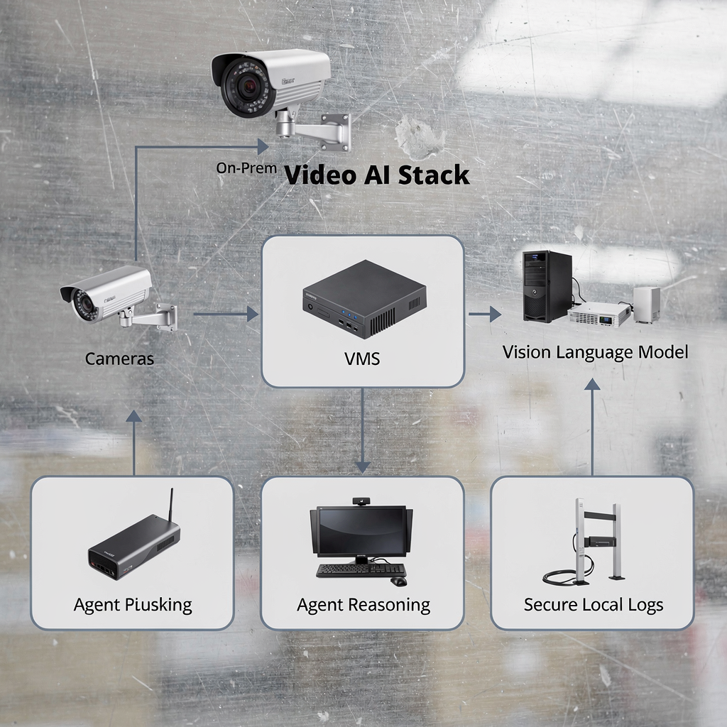 Diagrama de pila de IA de vídeo on‑prem con componentes etiquetados