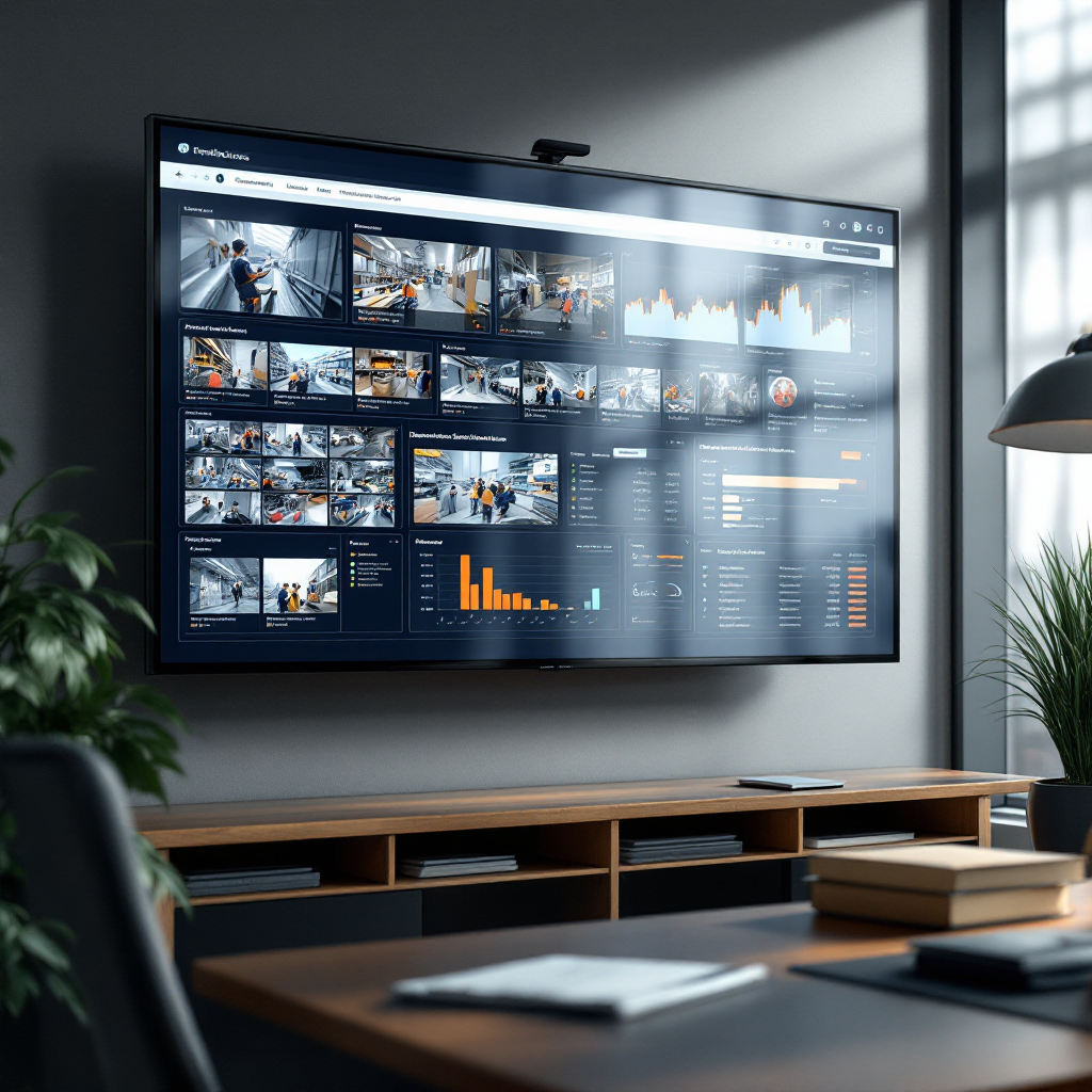 A modern operations dashboard showing live camera thumbnails, compliance heat map, and incident list, displayed on a large monitor in a control room, no text