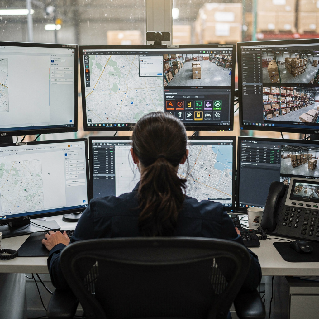 Bediener an einer Kontrollraum-Workstation mit mehreren Monitoren