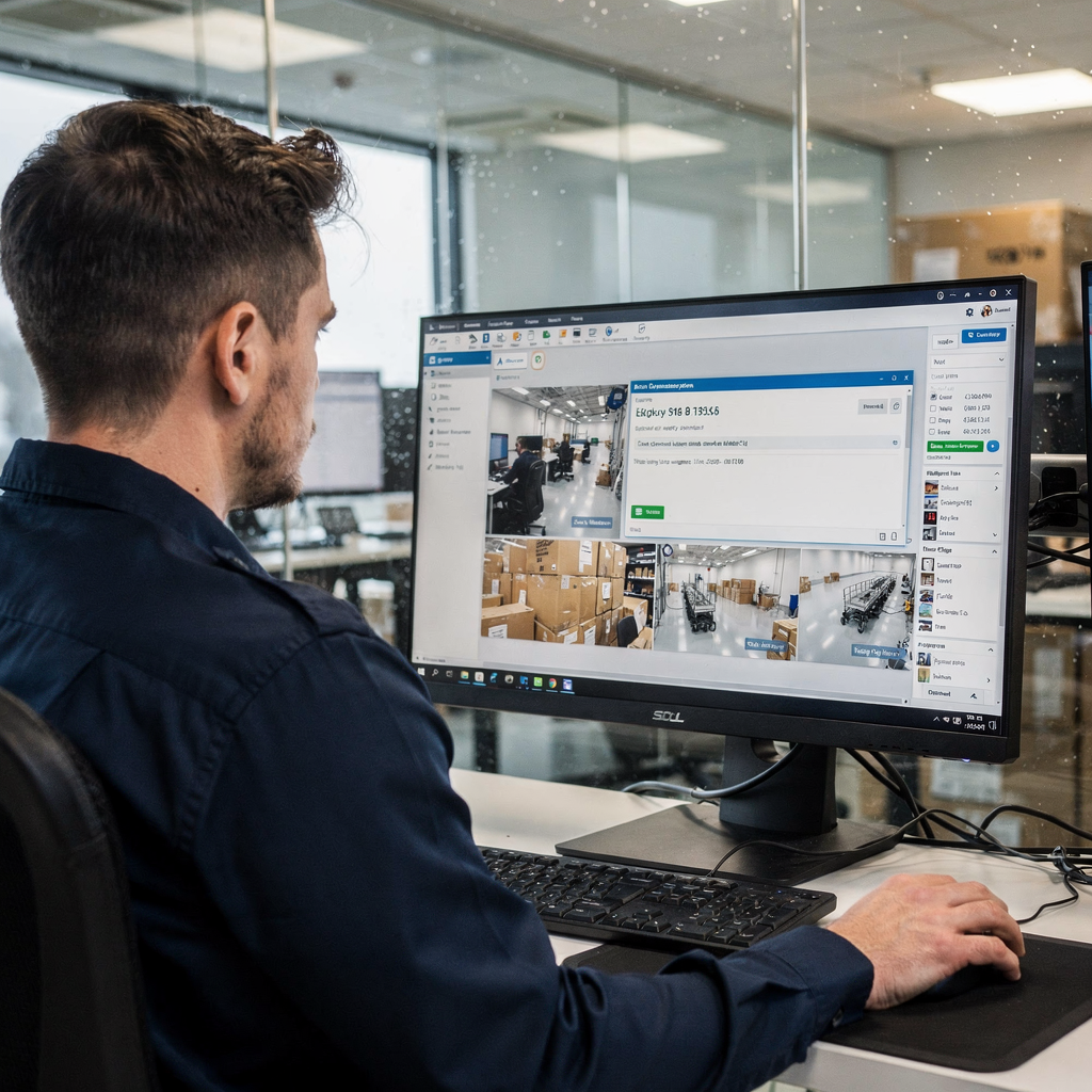 Operator exporting tagged video clips Security operator using a dashboard to tag events and export video clips with case package details visible on a screen, modern operations center