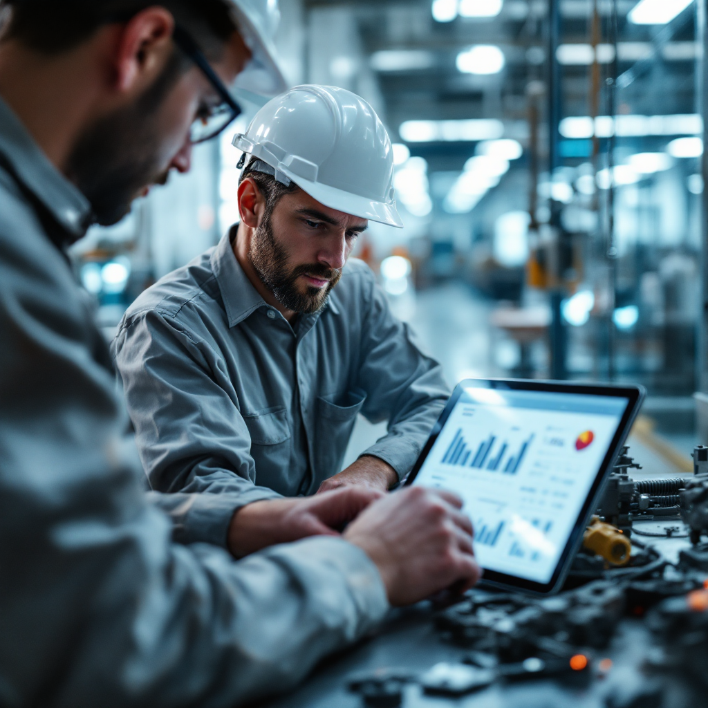 Operator inspecting a finished part with tablet KPI display Close-up of an operator inspecting a finished part at a workbench with a tablet displaying KPIs, well-lit clean environment, no text or numbers