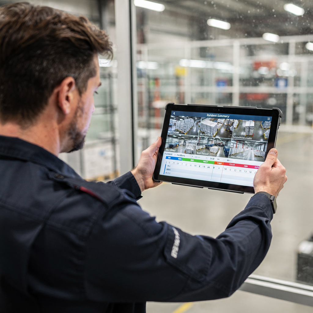 Operator przeglądający oś czasu zdarzenia na tablecie