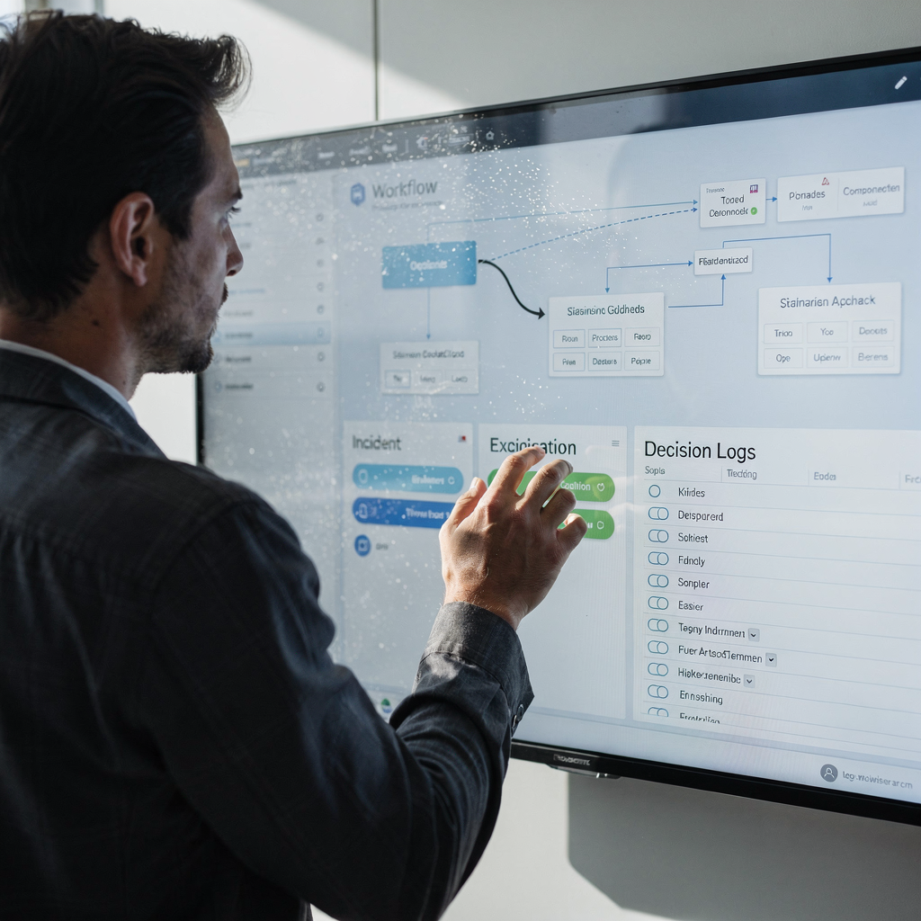 Operator interacting with a touchscreen showing workflow diagrams, incident cards, and a clear decision log. No text or numbers in the image, modern and calm control room environment.