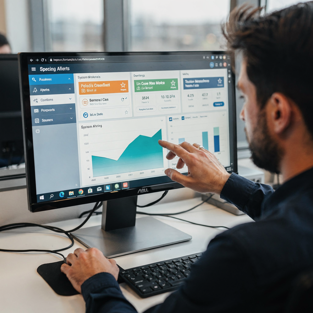 Operador interactuando con una interfaz táctil de la sala de control con alertas y gráficos