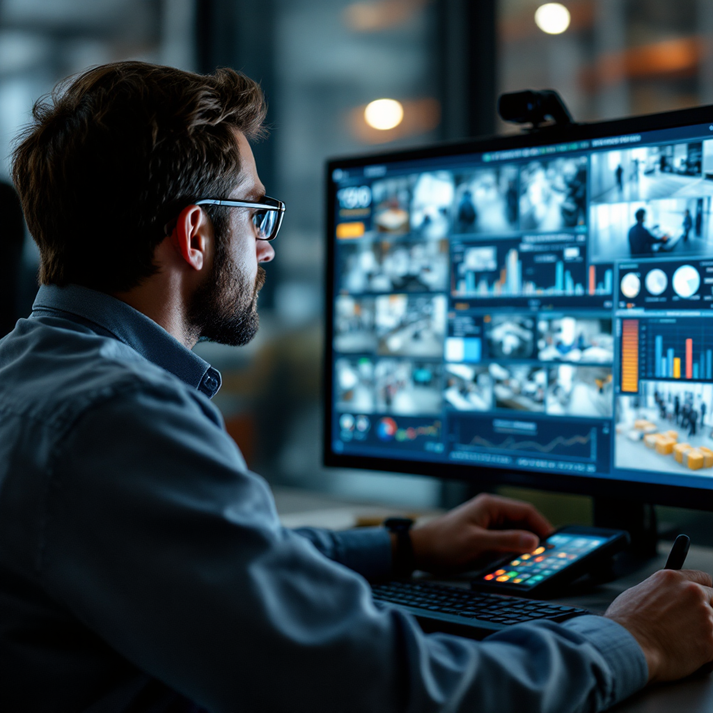 Operator using video analytics overlay Close-up of a security operator using video surveillance software showing analytics overlays and object tracking on a screen (no text or numbers)