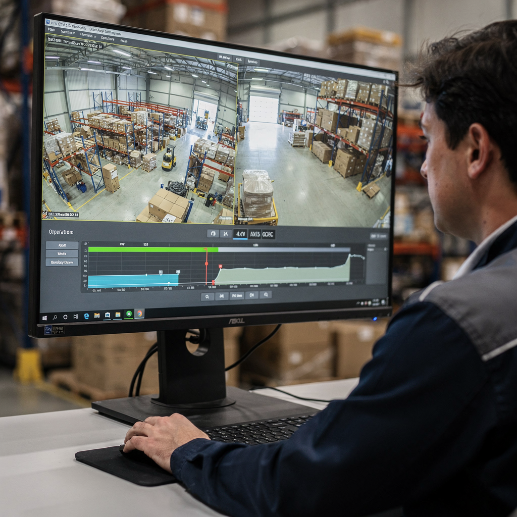 Operator viewing live camera feed with analytics highlights