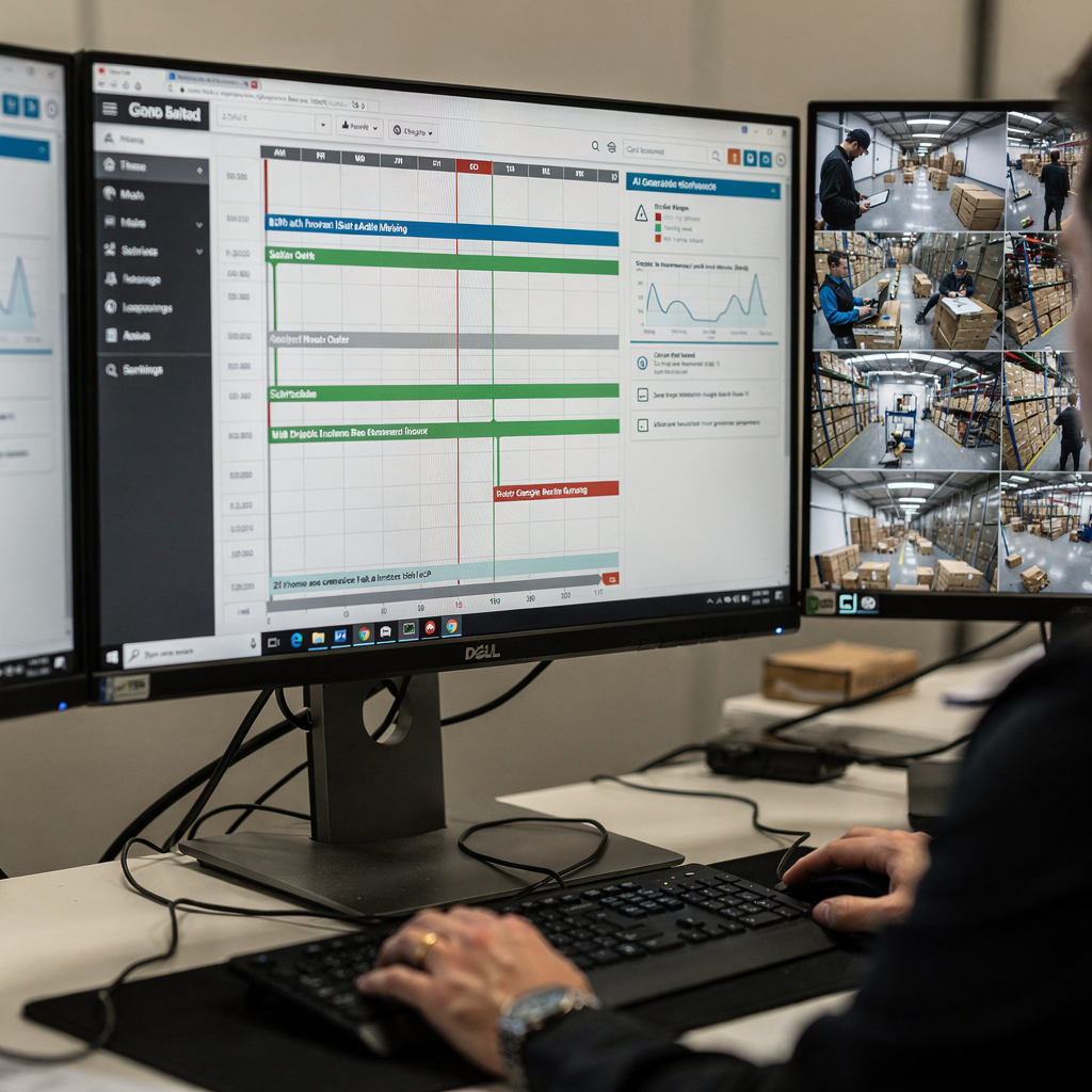 Close-up of an operator workstation showing an incident timeline and AI-generated insights next to live camera thumbnails, neutral office setting