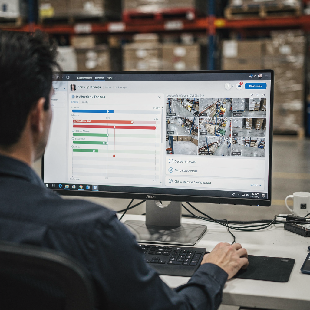 Close-up of a security operator workstation showing a dashboard with incident timeline, camera thumbnails, and suggested actions, modern UI