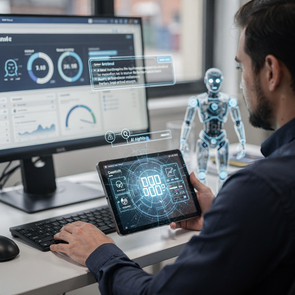 Estación de trabajo del operador con panel interactivo y superposiciones de realidad aumentada