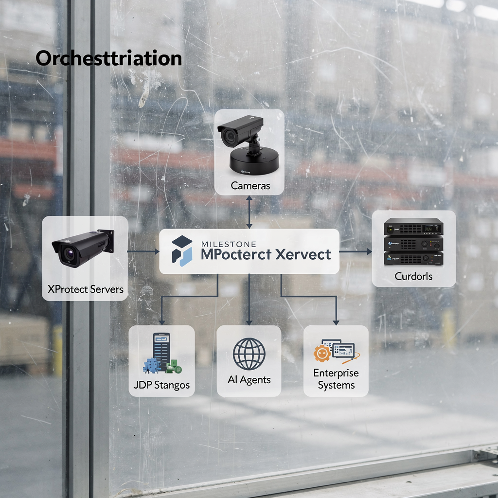 Camada de orquestração conectando VMS e agentes de IA