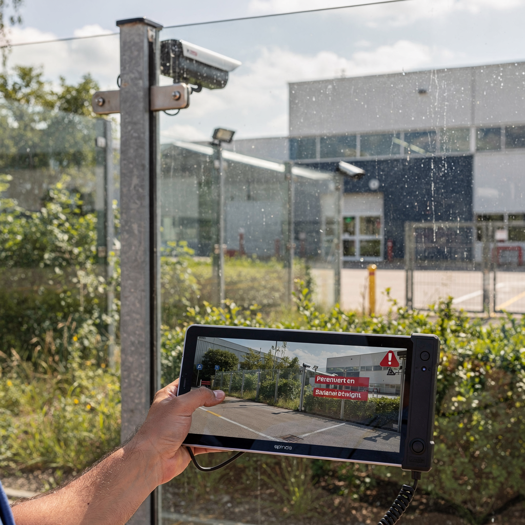 Perímetro de instalação com câmera montada em poste e tablet do operador exibindo um alerta