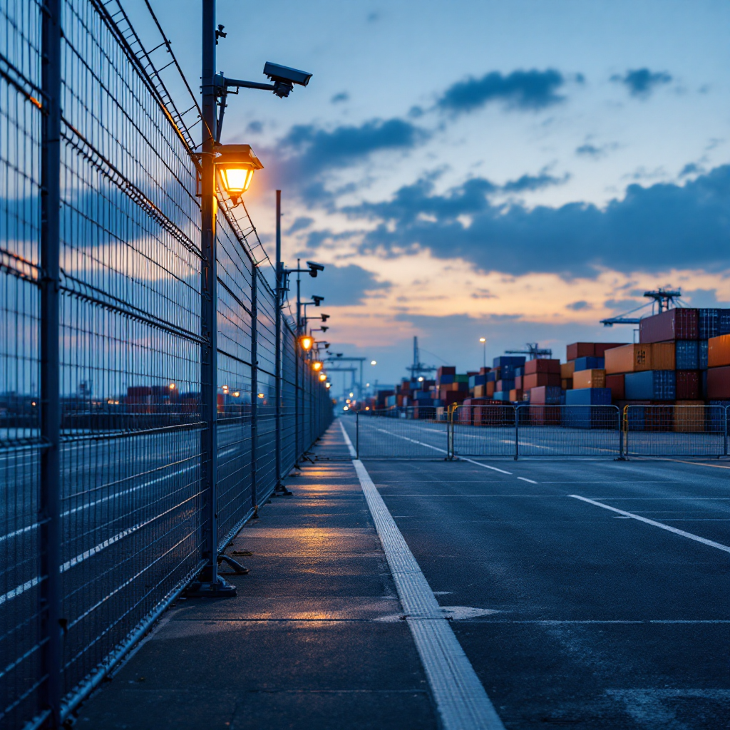 Vista ampia del perimetro di un porto al crepuscolo con recinzioni, cancelli d'accesso e telecamere su pali Vista ampia del perimetro di un porto al crepuscolo con recinzioni, cancelli d'accesso e telecamere su pali