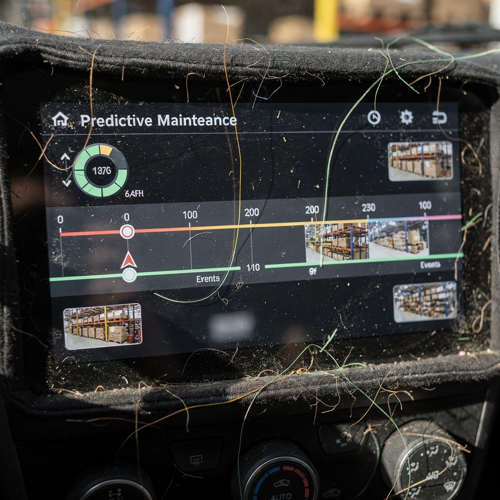 Close-up of a dashboard showing predictive maintenance indicators and a timeline of events with camera thumbnails, no text or numbers