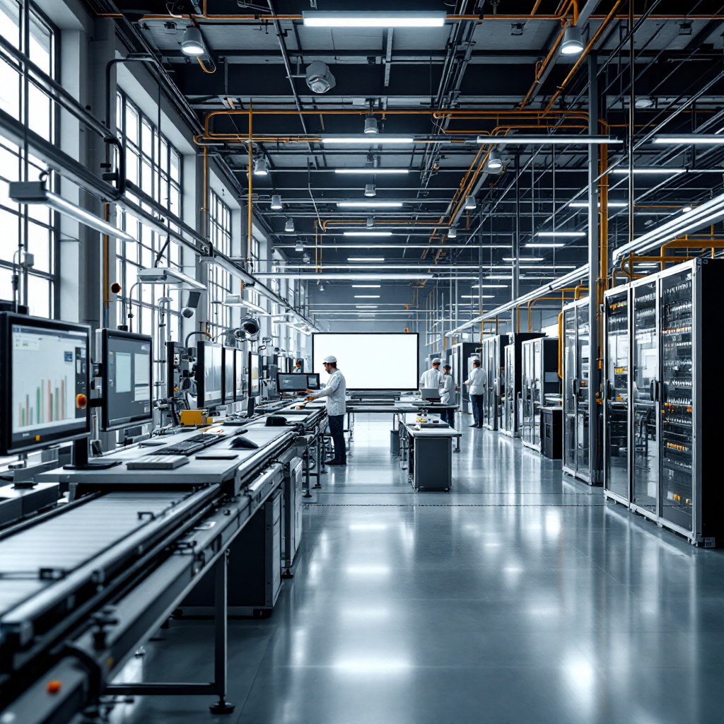 Productielijn met camera's, sensoren en edge-apparaten Productielijn met camera's, sensoren en edge-apparaten