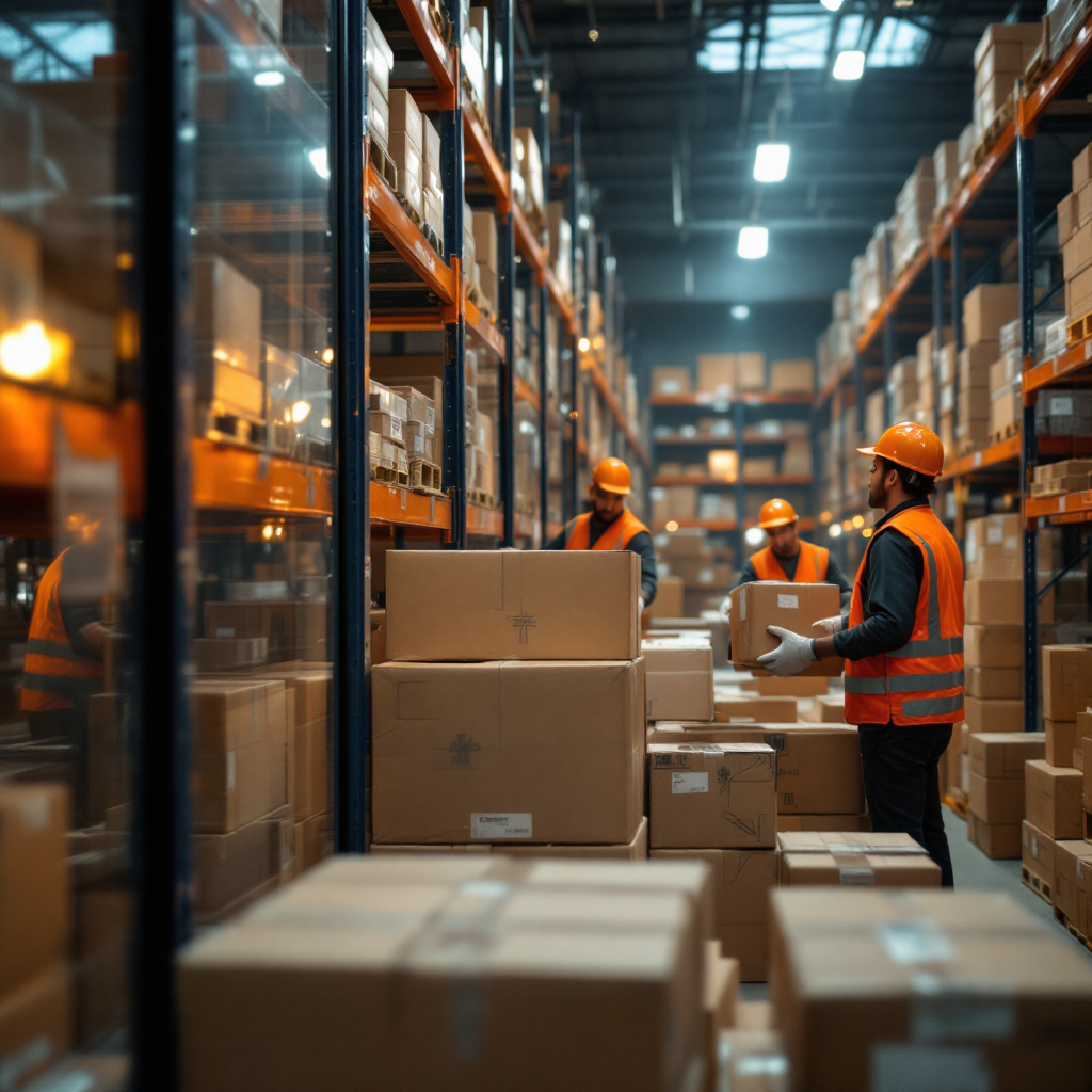 Retail backroom with staff unloading deliveries wearing gloves and safety vests, shelf stock, warm lighting, no text